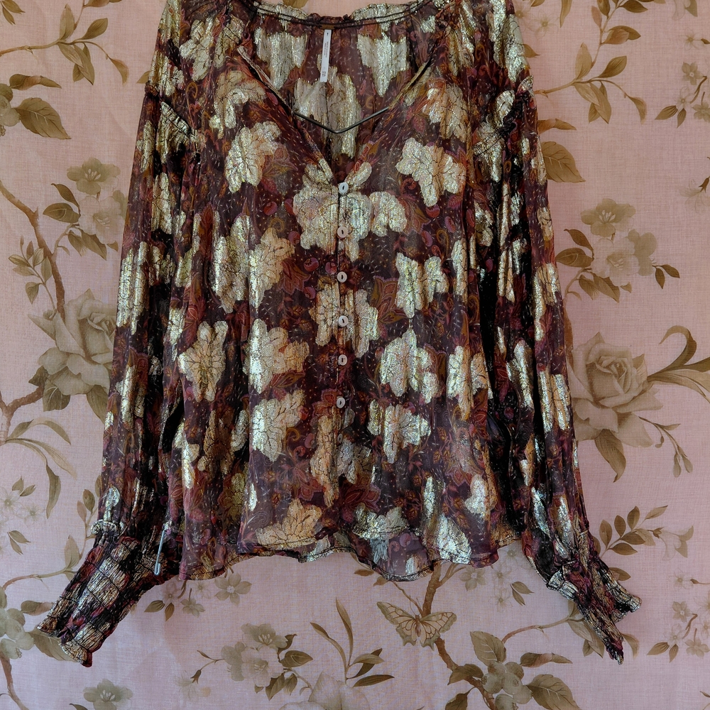 Free People Burgundy and GOLD  Floral Long Sleeves Sheer  Blouse.